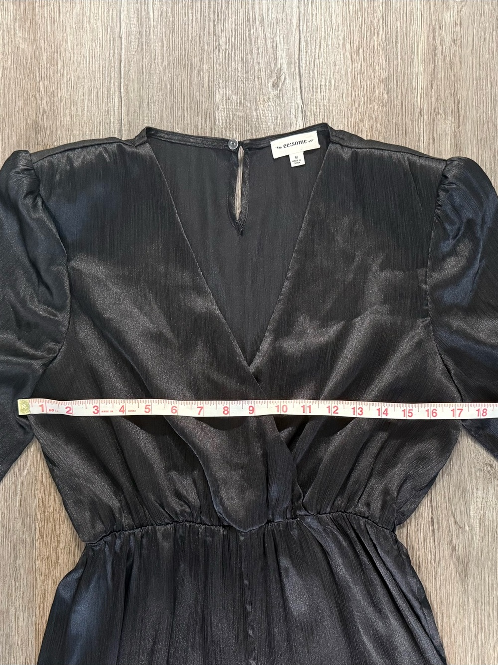 EESOME Black Satin Wide Leg Jumpsuit Puff Sleeve V-Neck | Medium - Picture 4 of 6